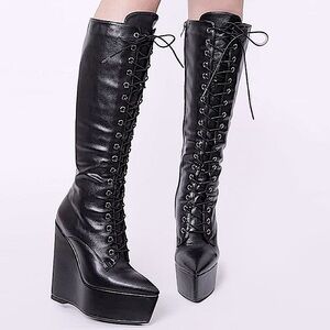 Artrotter: 9.5  Lace Up Wedge Boots Zip Pointed Toe Platform High Heel Dress